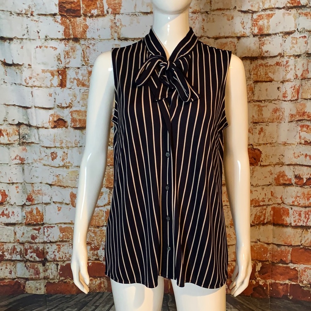 Ann Taylor Stripe Tie Neck Button Front Shell - Picture 2 of 8